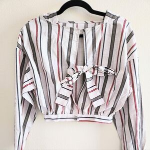 J.O.A 100% Cotton Striped Long Sleeve Crop Top